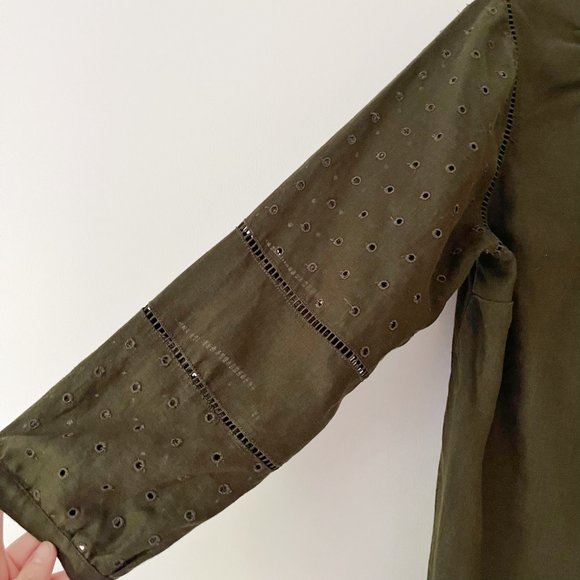 J. Crew Circle Eyelet Cut Out 100% Linen Blouse in Dark Moss Size Large … - Picture 2 of 6